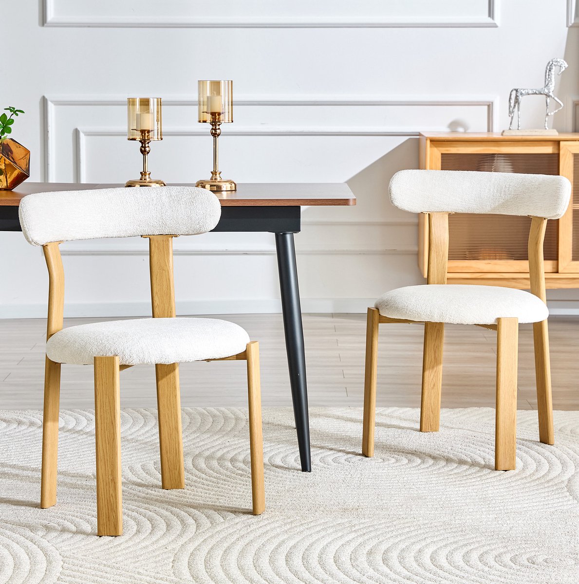 Eetkamerstoel Set Van 2 - Gevoerde Bouclé Stof - Ergonomische Rugleuning - Voor Eetkamer, Woonkamer En Kaptafel - Hout - Wit