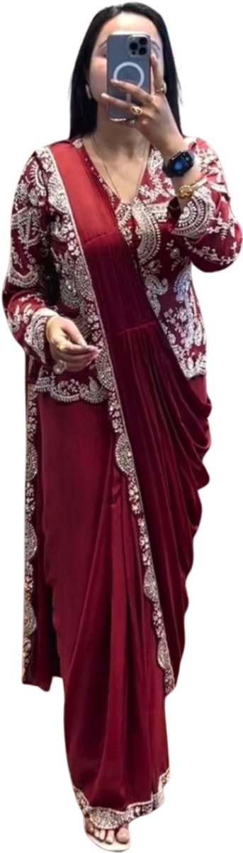 Simhera Threads Women's Wine Red Designer One Minute Saree -Mens and Womens Fashion-with Heavy Embroidered Jacket
