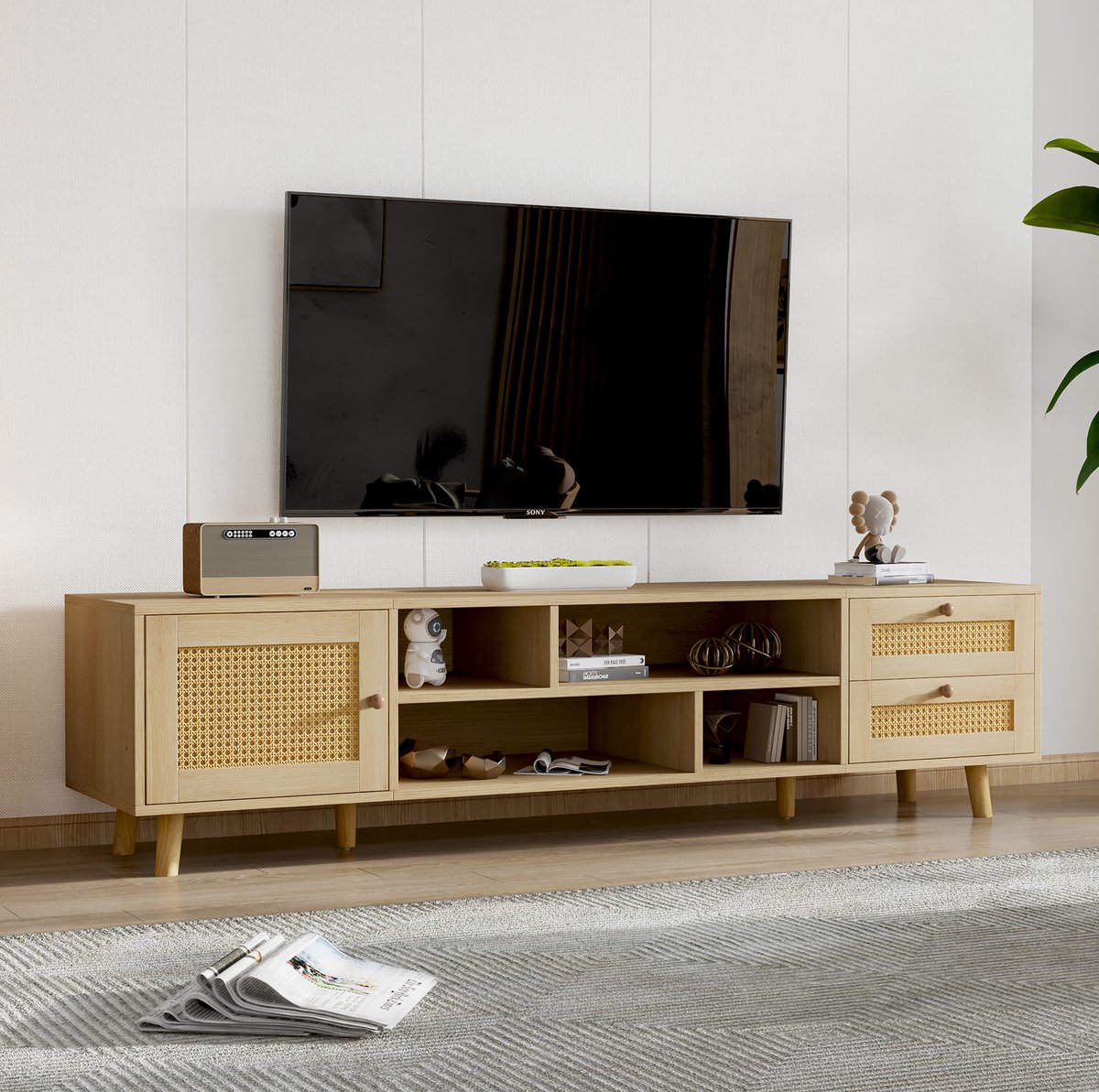 HAUSS SPOLE Dressoir - Tv Meubel Met 2 Lades En 1 Deur - Met Kabeldoorvoer Voor Woonkamer - Spaanplaat En Rotan - 160x39x40,5 Cm - Eiken