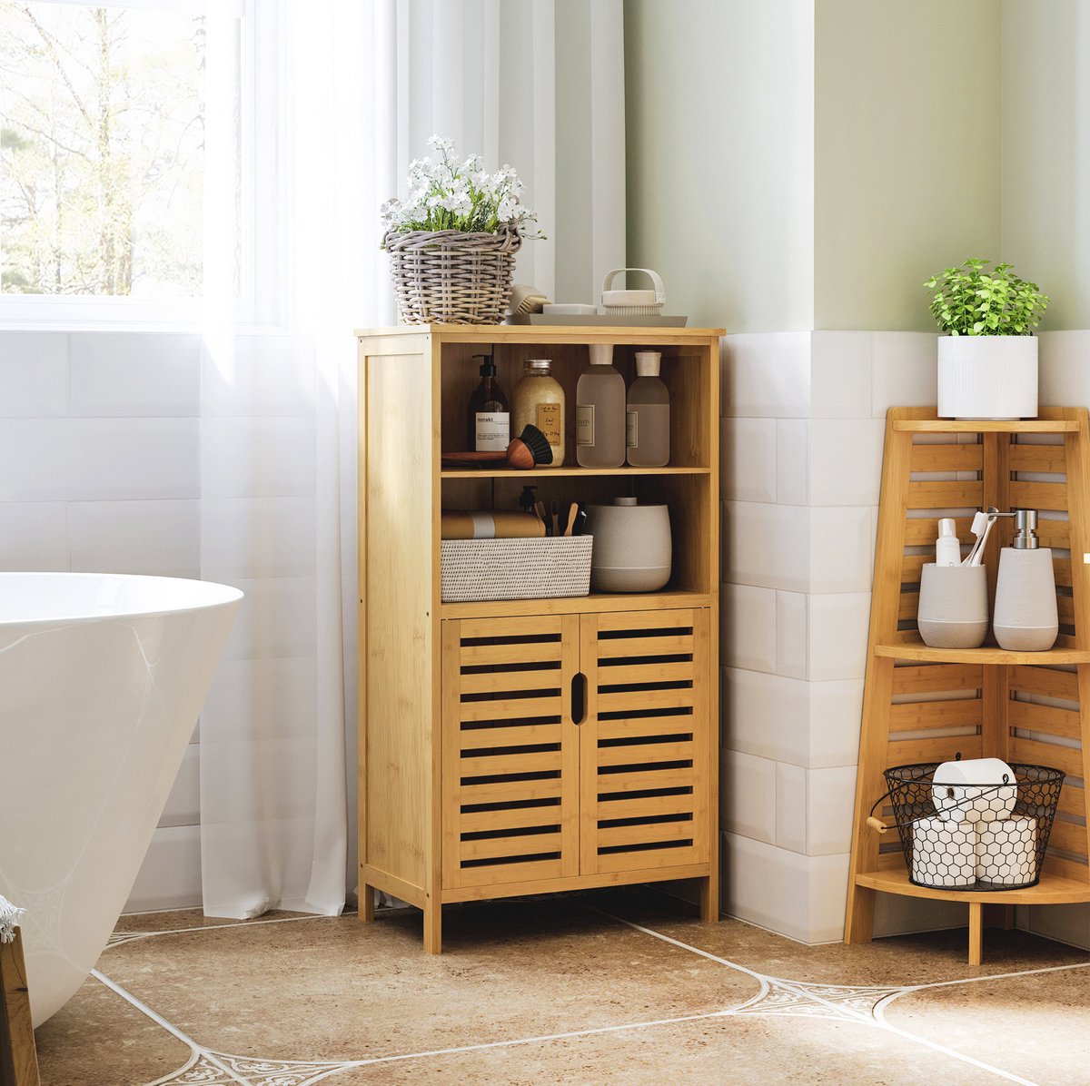 MEUNIQ badkamerkast 50 x 29 x 92 cm met 2 open vakken en dubbelkast met lamellendeuren, st
