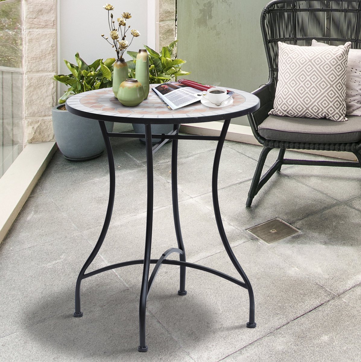 MEUNIQ ronde tuintafel Ø60 x H71 cm met keramisch mozaïek tafelblad en gepoedercoat stalen frame, balkontafel voor tuin, terras en balkon, oranje en wit