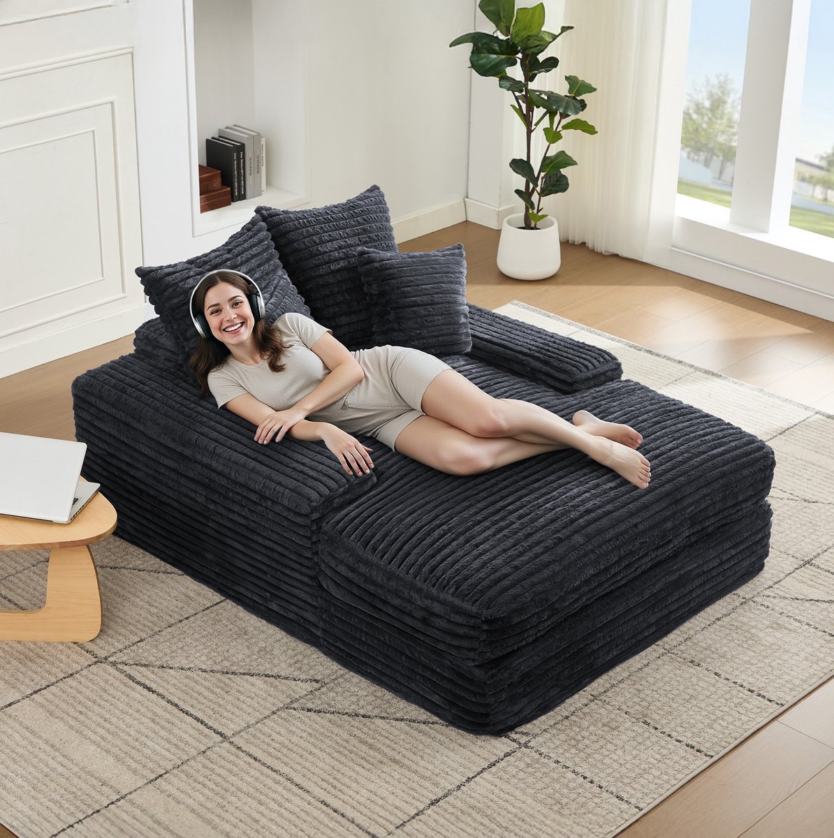 FloraGrace Chaise Longue – 1-Zits Relaxbank Van Ribstof – Met 4 Kussens En Zonder Montage – Voor Woonkamer En Appartement – Grijs