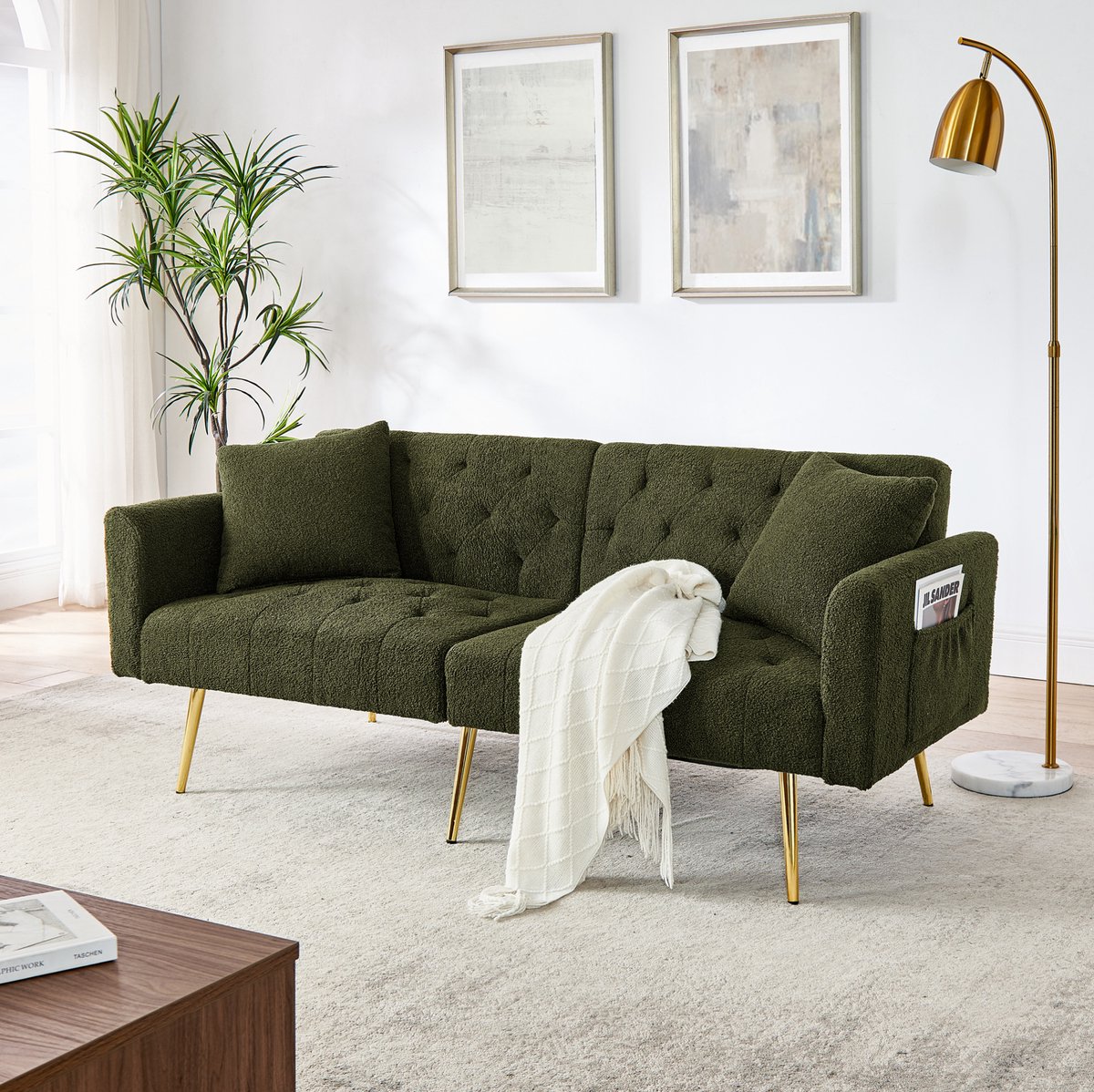 FloraGrace Slaapbank – 2-Zits Bank 177 Cm – 3-Standen Verstelbare Rugleuning Met 2 Kussens – Voor Woonkamer Of Klein Appartement – Teddy – Groen