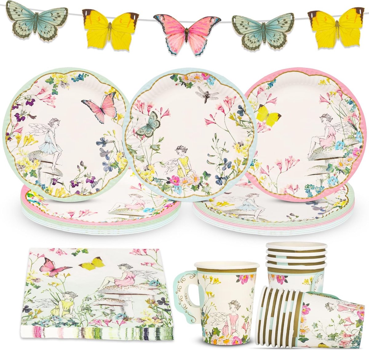 Talking Tables Feeën Feestdecoratie & Wegwerpservies voor 16 Personen | Vlinder Slinger, Papieren Bekers, Borden & Servetten | Kinderverjaardag, Moederdag, High Tea, Babyshower