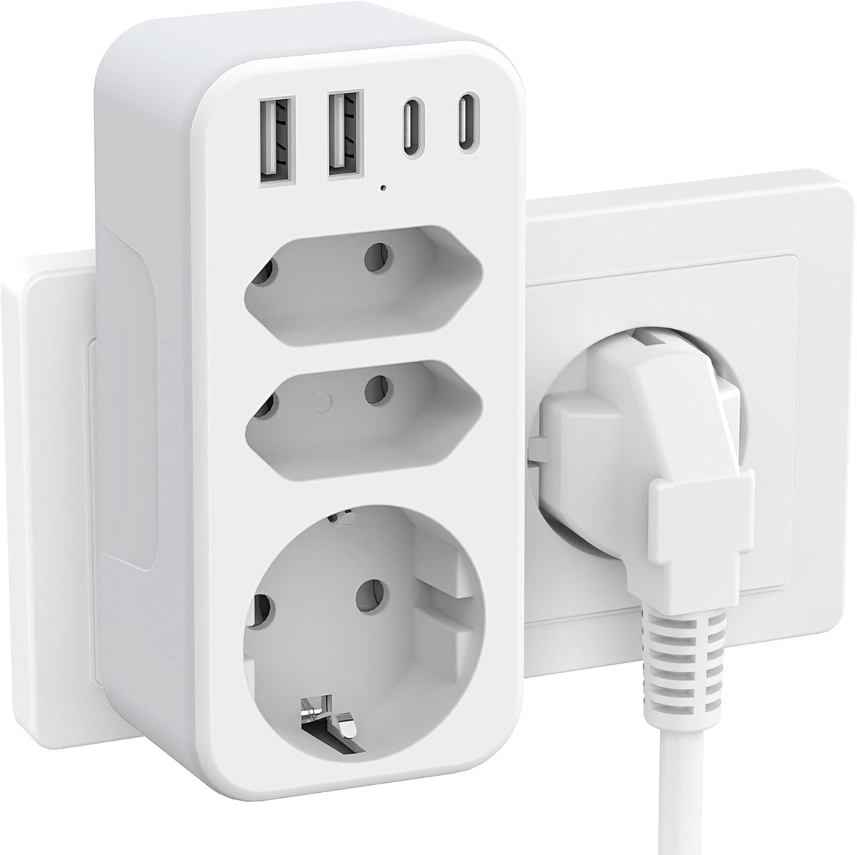 Thijox - 7-in-1 Stekkeradapter met Schuko en EU-stopcontacten, Dubbele Stekker met 4 USB-oplaadpoorten (3680W 16A) voor Thuis, Kantoor en Keuken - Wit
