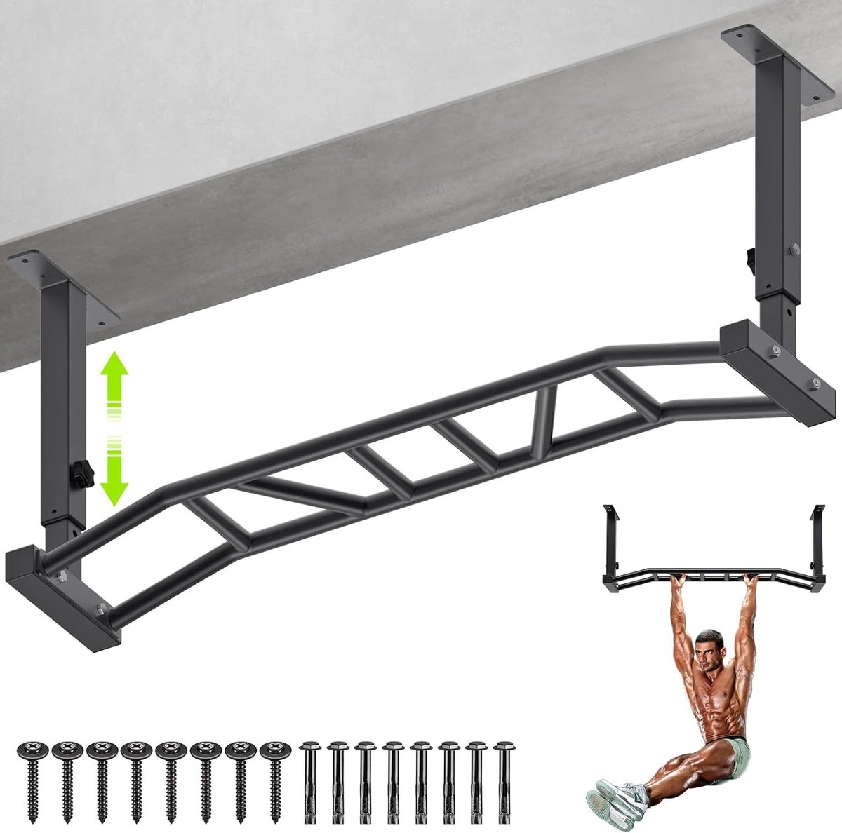 Zware plafond gemonteerde pull-up bar, hoog aanpasbaar en multifunctioneel - Thuis gym systeem met hangmogelijkheid voor bokszak en weerstandsbanden training