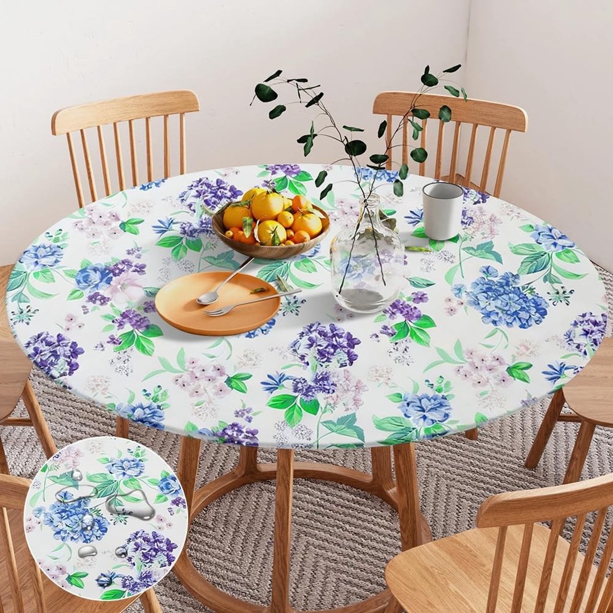Ronde Waterdichte Tuin Tafelkleed van 120 cm met Hydrangea Patroon - Elastisch en Wasbaar voor Buitengebruik, Perfect voor Tuinfeesten en Picknicks