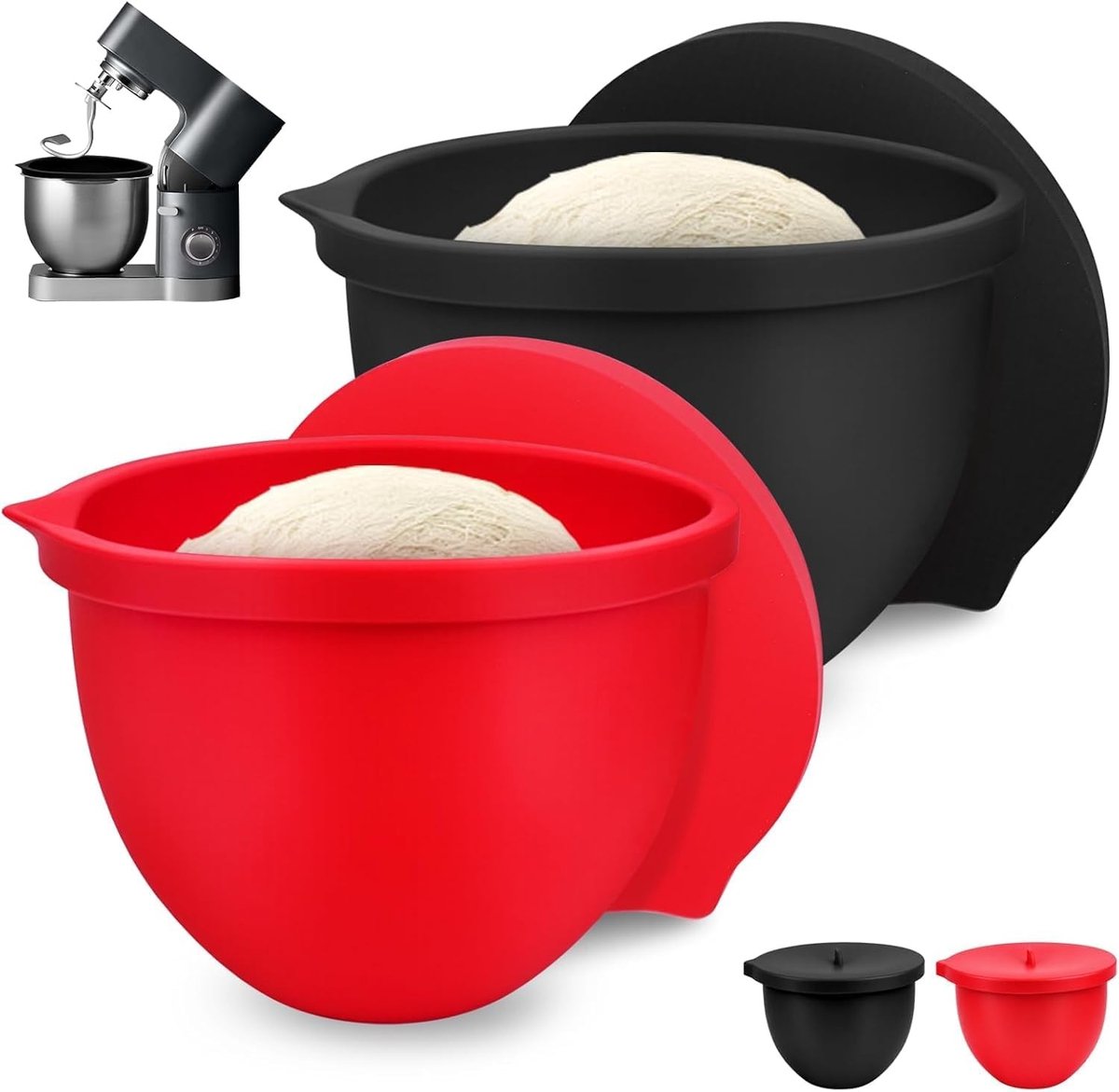 Siliconen Inzet Liner voor 4.8L Keukenmixkom, Mengkom met Deksel voor Keuken, Bescherming voor Deegkom (Rood + Zwart 5Qt)