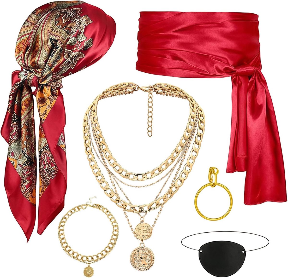 Set van 6 Piratenaccessoires voor Dames, Middeleeuwse Piratenkostuum met Sjaal, Riem, Oorbellen, Ooglap, Ketting en Armband voor Halloween, Carnaval en Cosplay Feesten