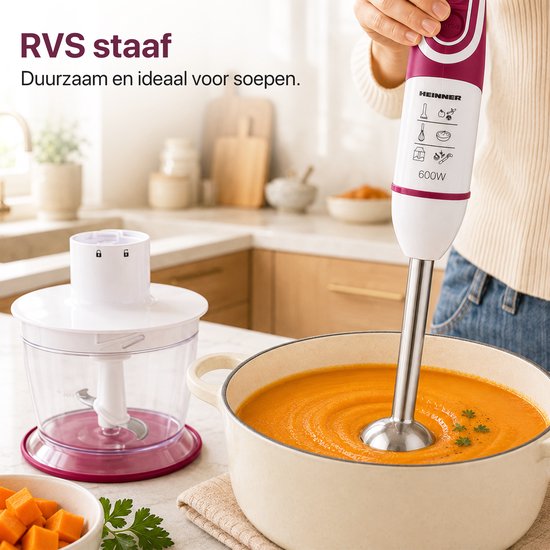 Heinner Staafmixer Set - 600W - 5 Snelheden - Turbo Functie - 700 ml Maatbeker - 500 ml Hakmolen - Garde - RVS Staaf - Wit/Bordeauxrood van Heinner — afbeelding 5