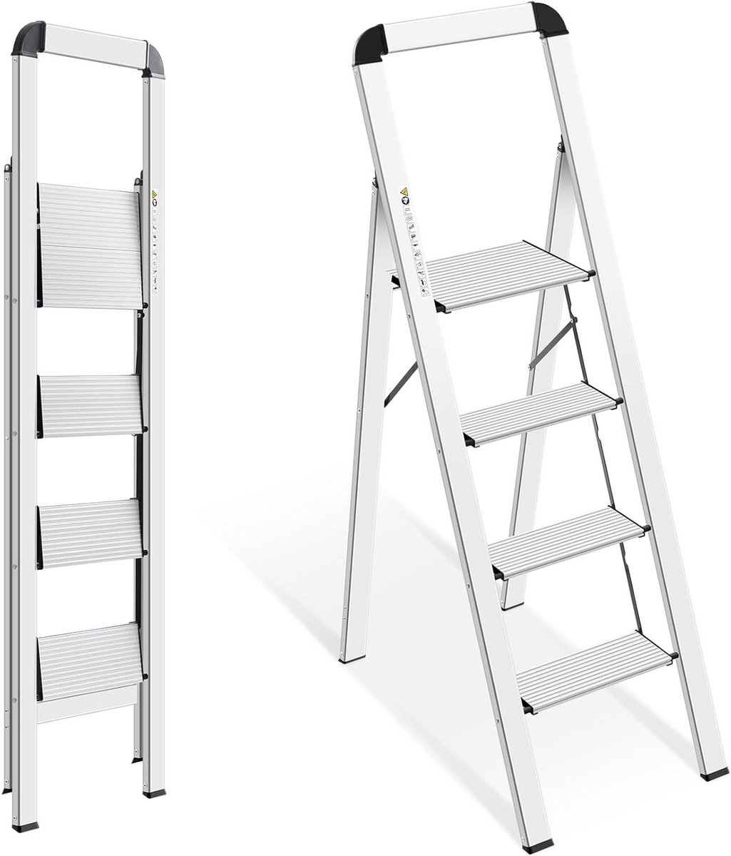 Vouwtrap met Handgreep - Opvouwbare trap Keukentrap - Veilig Klussen - Lichtgewicht Aluminium Constructie - 4 Treden - Zilverkleurig