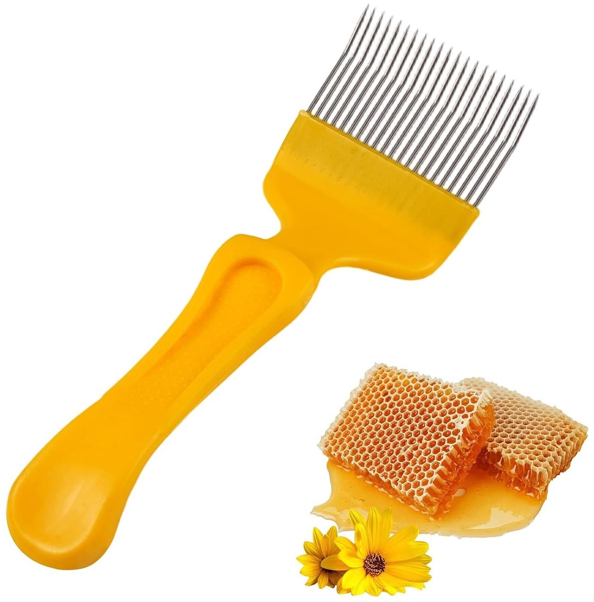 Ontdekkingstool voor Imkers, RVS Honingafdekking Fork met 21 Tanden en Comfortabele Gele Handgreep, Ideaal voor Honingraat en Bijenproducten