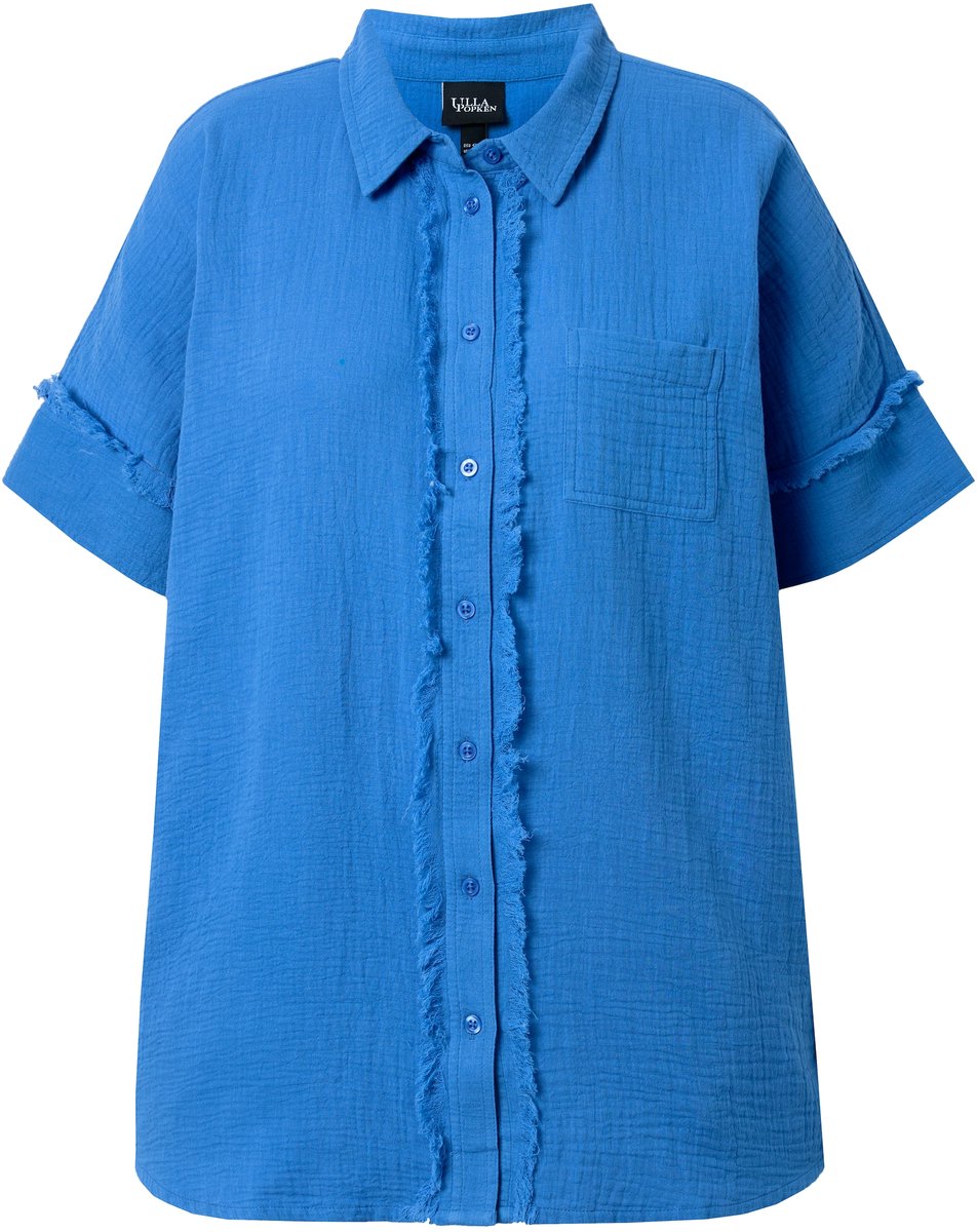 Ulla Popken - Dames - Mousseline blouse oversized franjes overhemdkraag - Petrolblauw - Maat 42+