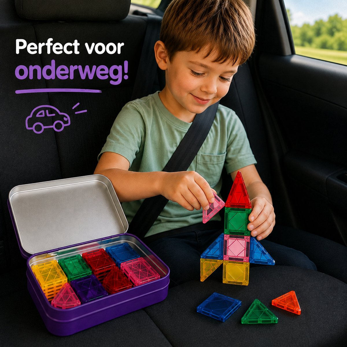 By Baboo® Magnetic Tiles Mini 32 Stuks Reisset + 100 Bouw-Challenges - Travelset - Reisspeelgoed Magnetische Tegels Blokken Cadeau Jongens Meisjes - Montessori Educatief Kinderspeelgoed 3 Jaar, 4 jaar, 5 jaar, 6 jaar, 7 jaar, 8 jaar, 9 jaar — afbeelding 7