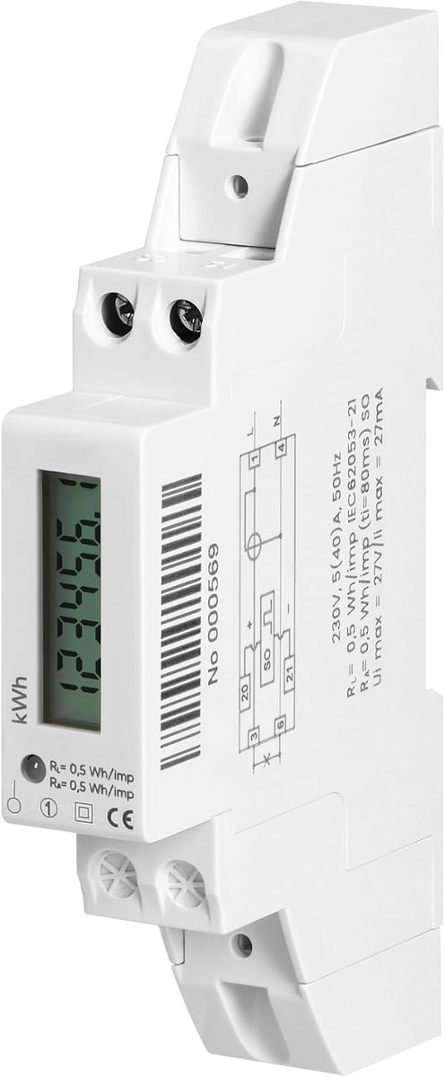 P1 meter - Wit - 18 x 59 x 116 mm - Digitale Elektriciteitsverbruiksmeter 40A voor DIN-Rail Montage