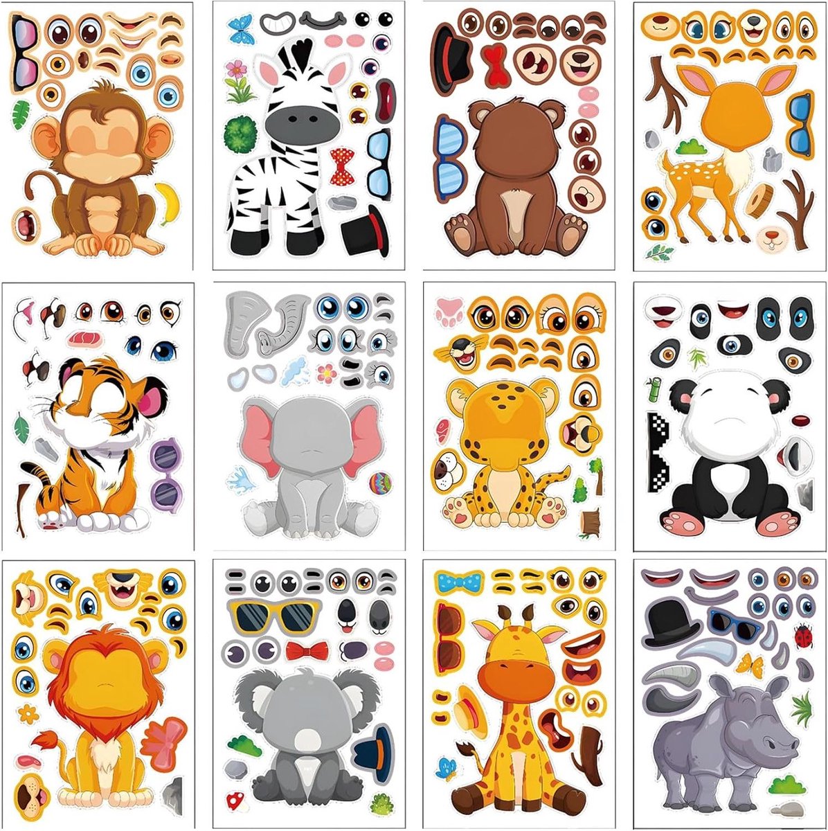 Dieren Make-up Stickers - Sticker Vellen Knutselen - Kinder Creativiteit Stimuleren - 12 Verschillende Ontwerpen - 24 Stuks - Multicolore