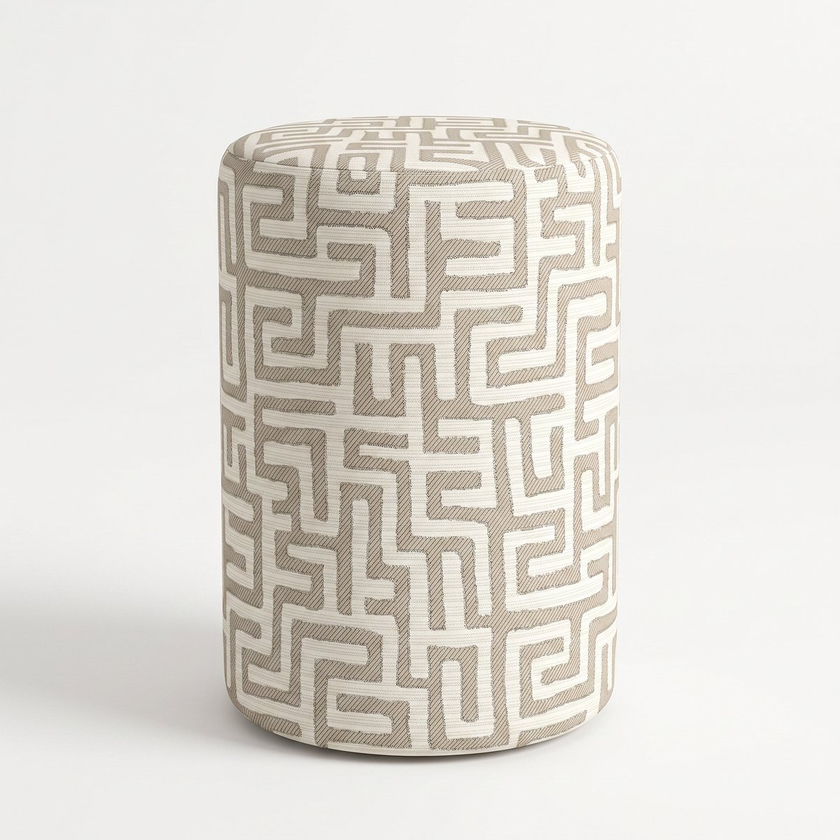 Mörgenn Poef Maze Lin Beige - Ronde Poef en Voetenbank - Jacquard Labyrint - 40x40x60 cm