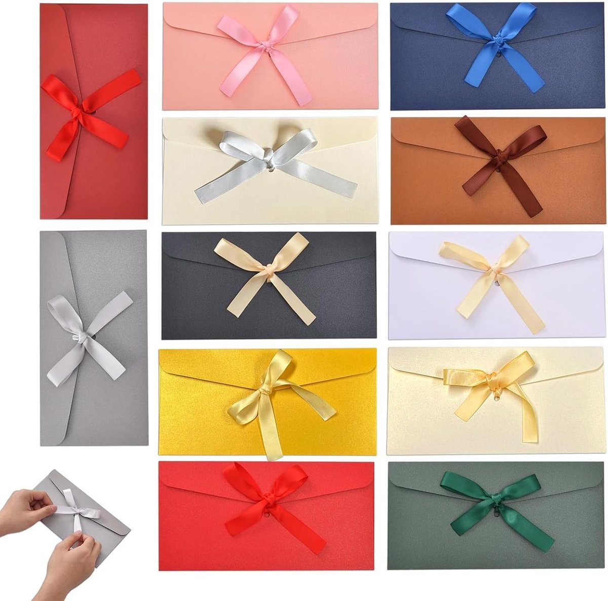 Kleurige Enveloppen met Lint - 12 Stuks van 22x11cm, Perfect voor Uitnodigingen, Wenskaarten en Feestelijke Gelegenheden