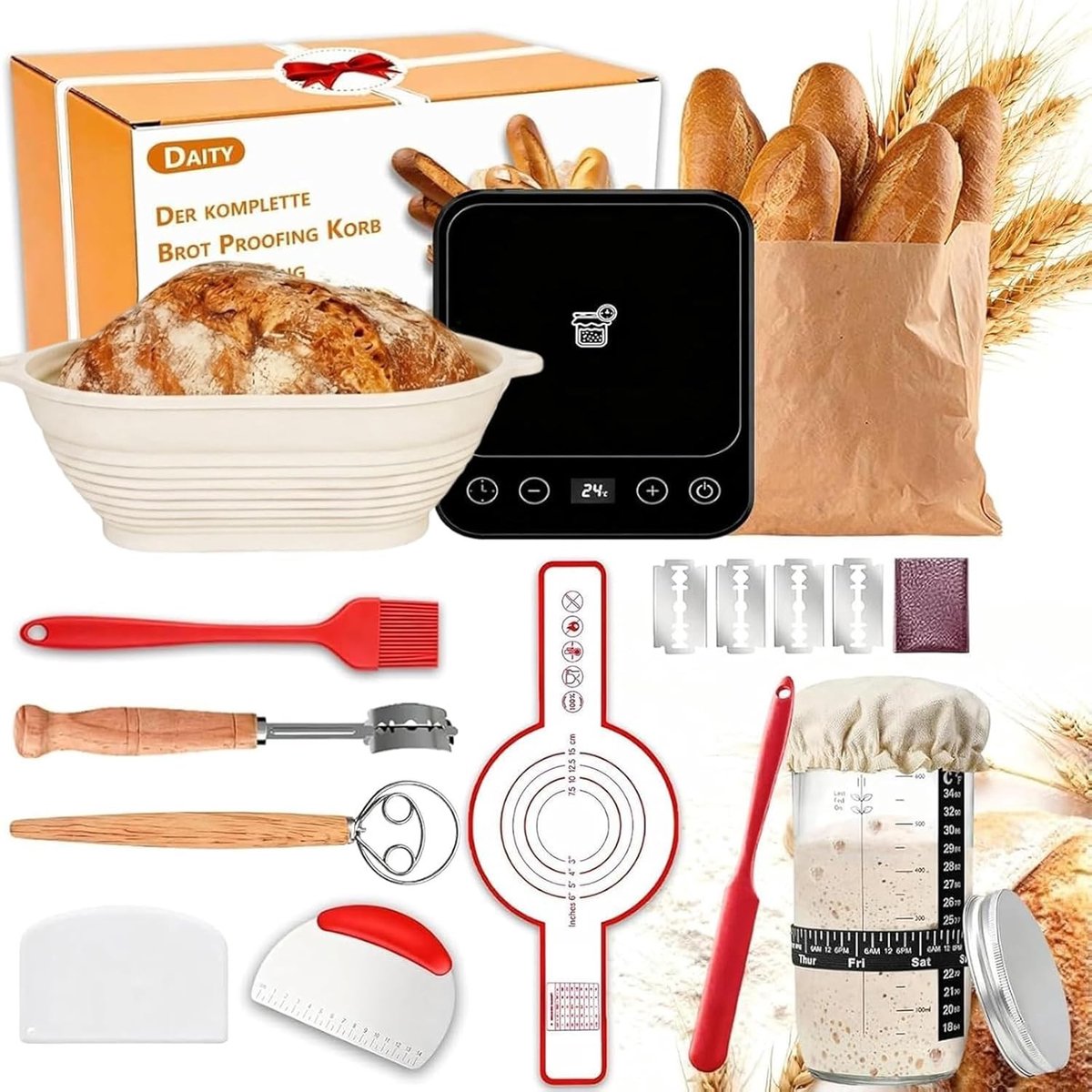 Complete Sourdough Starter Kit met 11-delige Brood Bakset en 28cm Ovalen Broodmand voor Beginners, Inclusief Silicone Klopper en Broodwarmer