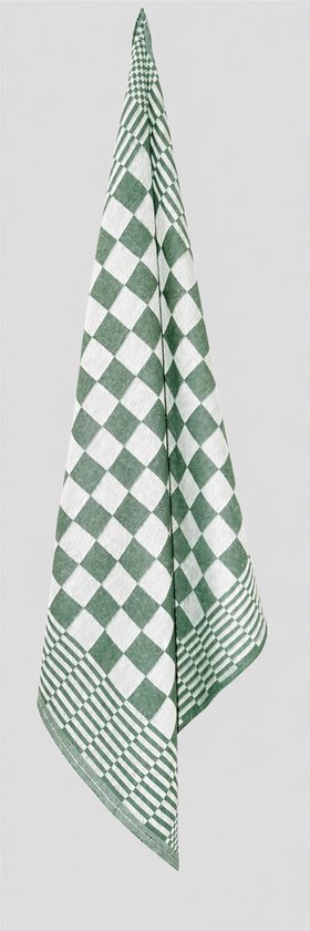 Torchon à carreaux verts et blancs suspendu pour sécher.