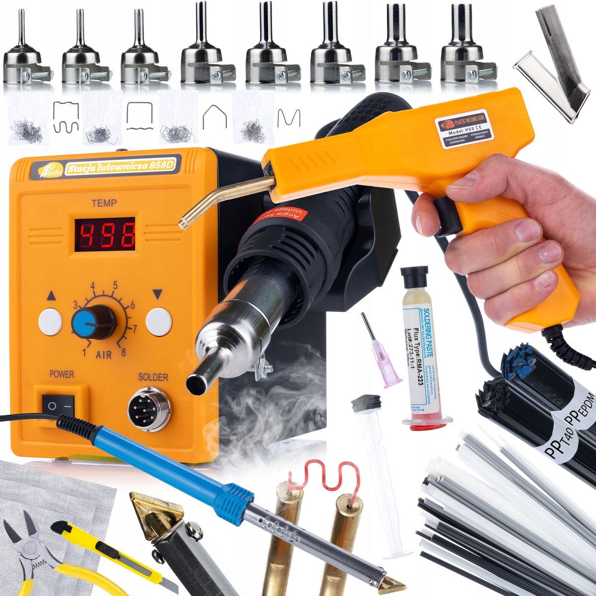 Rosfix Compleet Set Hot-Air Station 858D - 700W 100–500°C - Spuitmond 3–12mm, Nietpistool 200