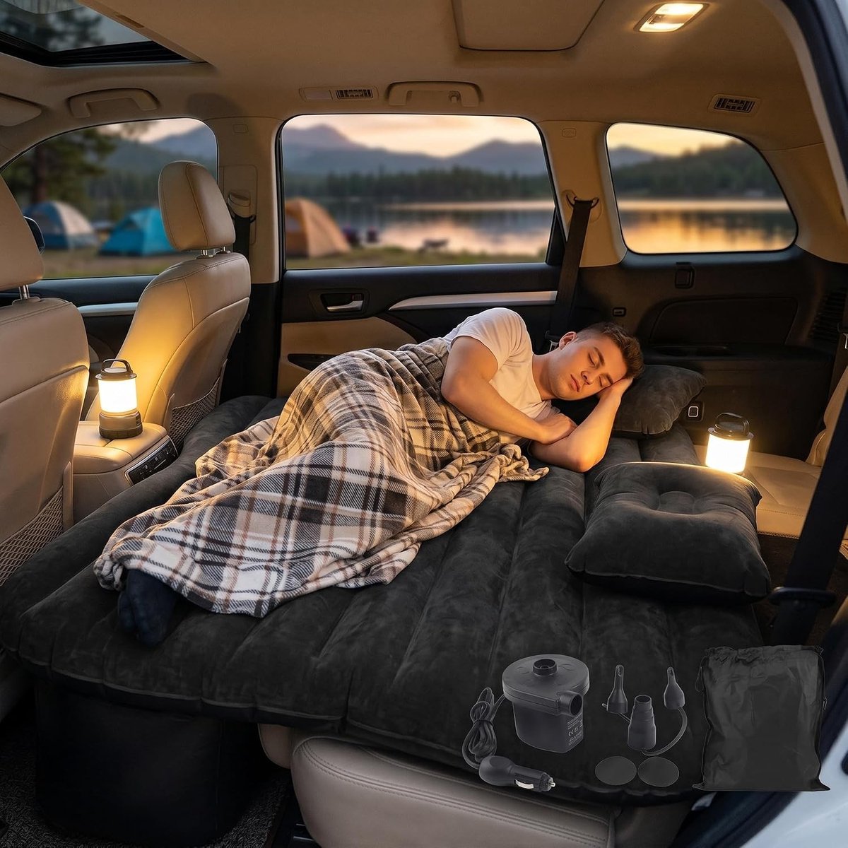 Automatische SUV luchtbed voor dubbel gebruik, opblaasbaar campingmatras met pomp, draagvermogen 150 kg, zwart