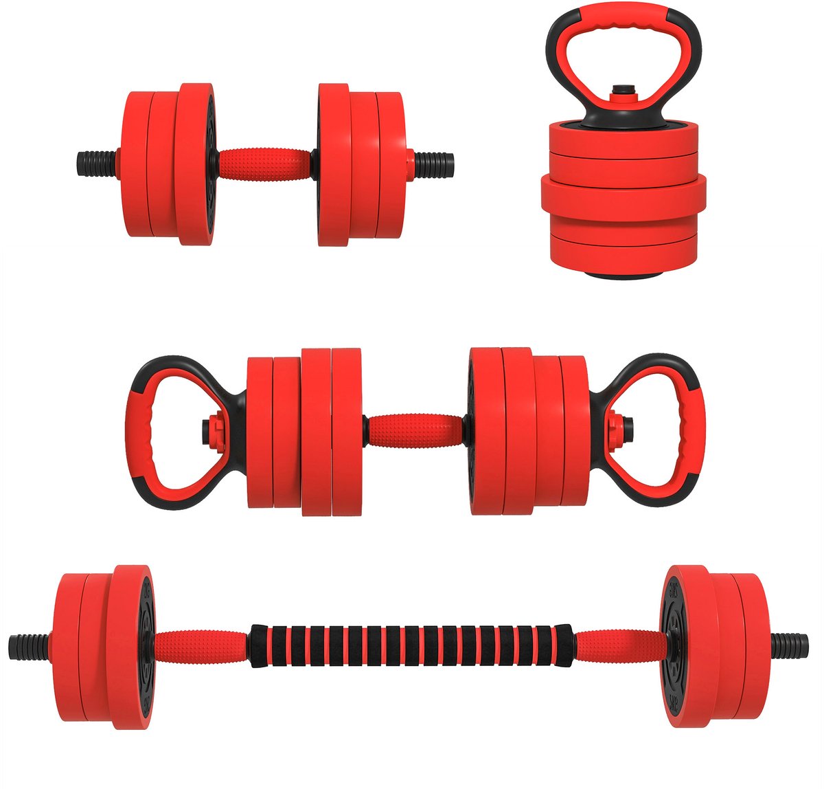 ECTEATOY® 4-in-1 Halterset 20 kg - Verstelbare Dumbbells, Kettlebell, Barbell en Opdruksteunen - Anti Slip Grip - Rood