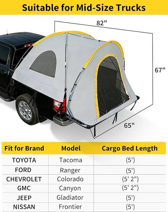 HOERFURIY pick-up laadbaktent klein model met luifel, 210D Oxford stof - waterdichte kampeertent voor 2 personen inclusief regenkap, geschikt voor laadbakken 5,5–8,2 ft, F150, Silverado, Ram 1500 — afbeelding 4
