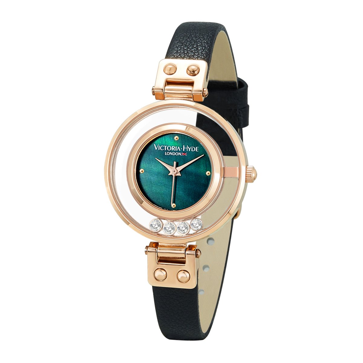 Victoria Hyde Sparkle Star - horloge dames met smalle band - Goed Leesbaar - geschikt als elegant dames horloge voor dagelijks gebruik - Horloges voor Vrouwen & Meisjes - leren horlogeband - zwart en groen