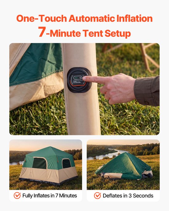 VEVOR Campingtent voor 6 Personen, Opblaasbare Familietent met Oplaadbare Pomp, Tpu-Luchtslang en 4 Gaasramen, Cabinetent met Draagtas voor Gezinskamperen en Wandelen, Groen van Vevor — afbeelding 4