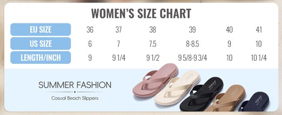Damesmaat tabel met EU, US maten en lengtes. Zomerse teenslippers in Beige, Zwart, Roze en Crème.