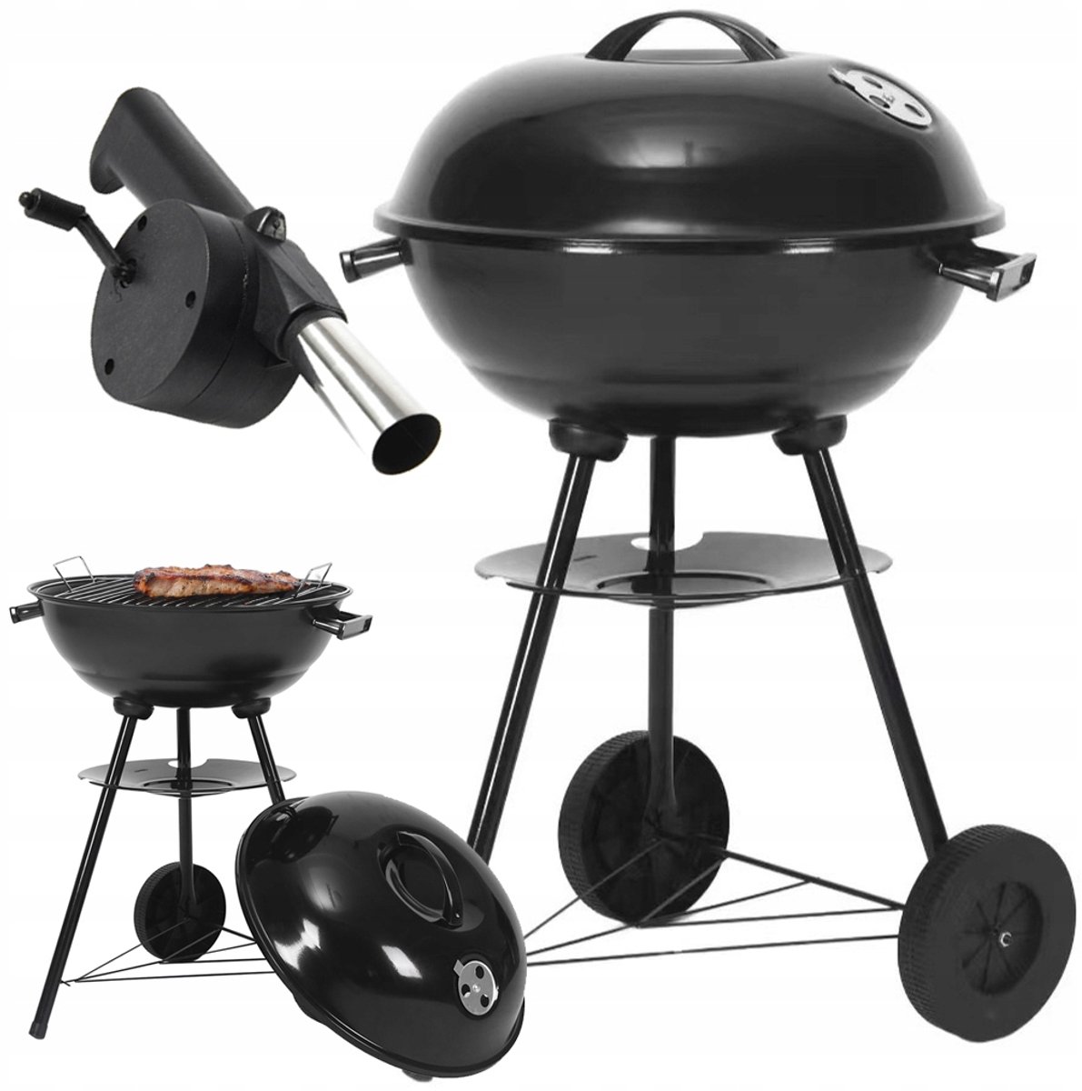 Draagbare Koolgrill met Deksel, Wielen en Blaasapparaat