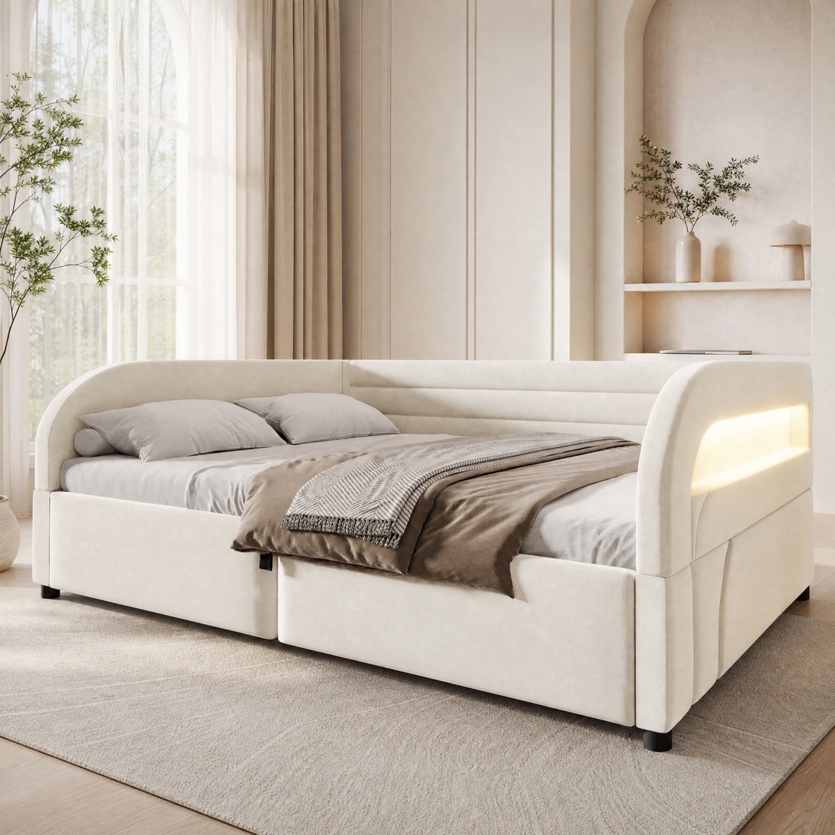 COVREO Bed 140x200 cm beige stof, met hydraulische opbergruimte en LED