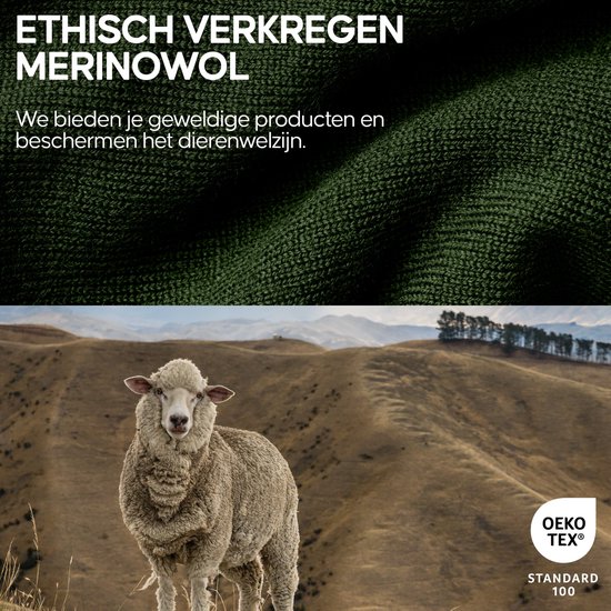 Groene merinowol stof textuur met een schaap op een heuvel met Oeko-Tex logo.
