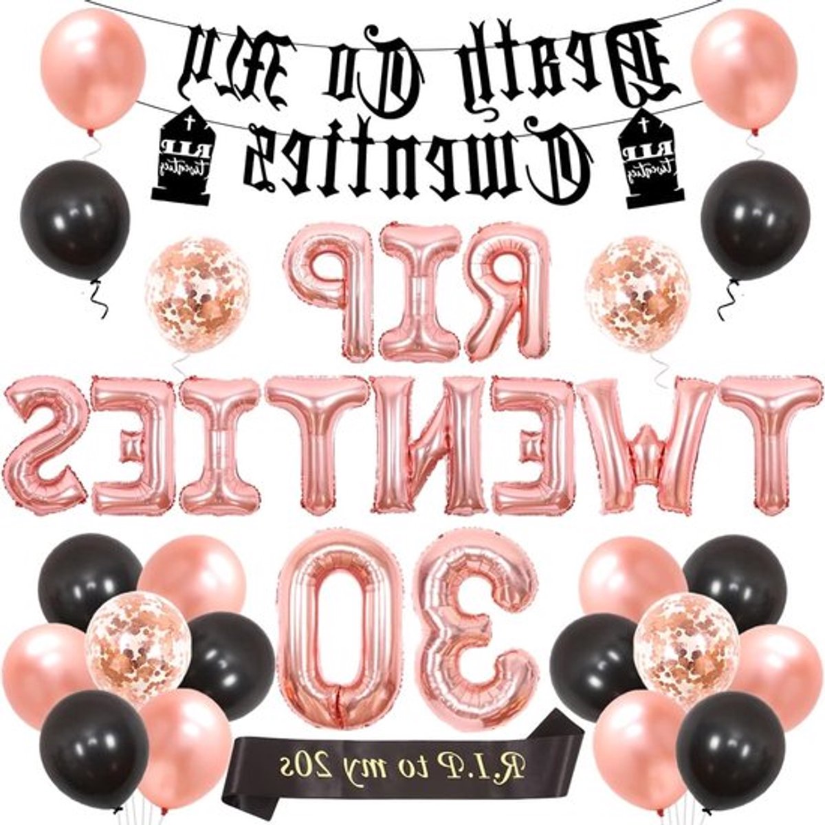 30e Verjaardag Versiering voor Vrouwen - Zwarte en Roségouden Ballonnen, Banner en Sjerp voor een Grappig Feestje