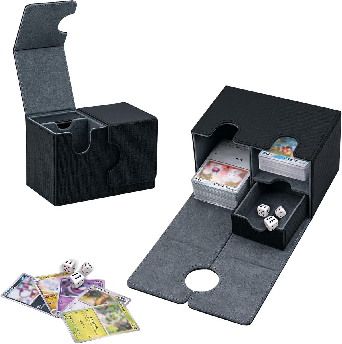 Ruime Dubbele Deck Box voor TCG - Geschikt voor 200+ Kaarten zonder Sleeve met 2 Platen en 1 Dobbelsteen Tray - Magnetische Flip Box voor Magic Commander en Kaartverzameling, Zwart