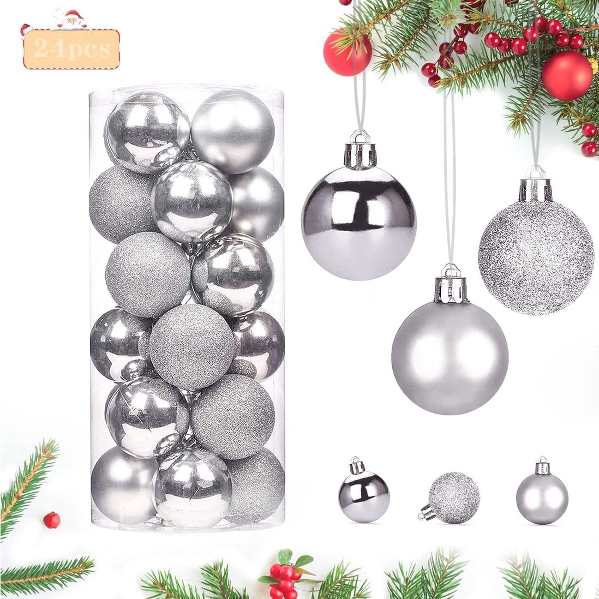 Decoratieve Kerstballen Set van 24 Stuks - Plastic Versieringen voor de Kerstboom - Hangende Ornamenten in Zilver (4 cm)