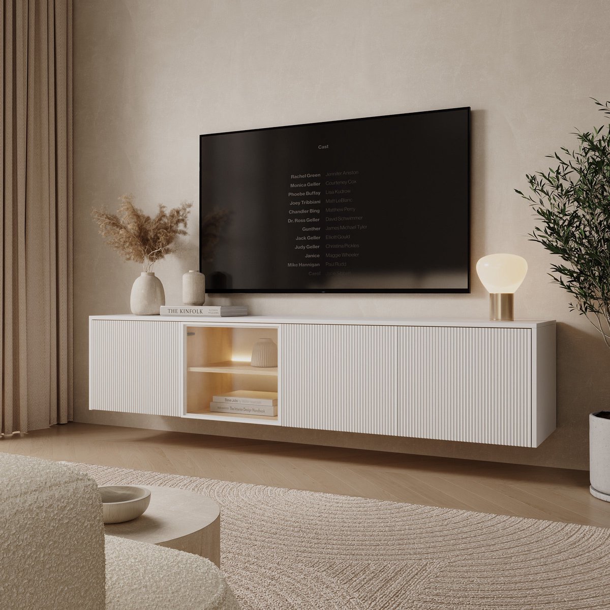 Meubella - Lynton - TV-Meubel met LED - Wit/Licht eiken - 195x41x42 cm