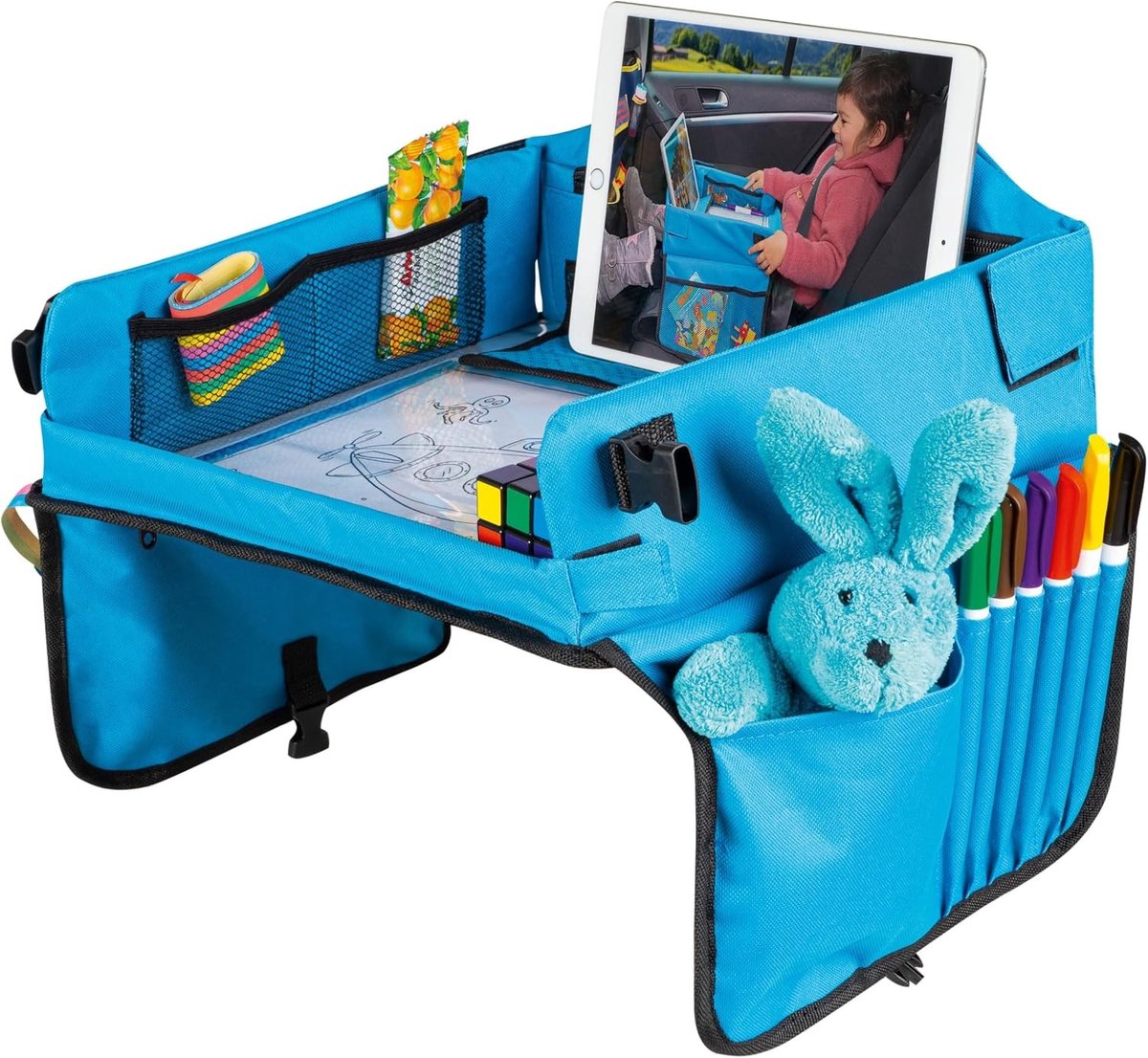 Reistafel - Blauw - 41 x 33,5 x 3 cm - Opvouwbare Speeltafel met Tablethouder - Voor Kinderen in de Auto