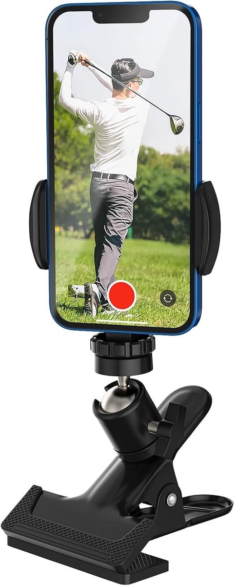Phone Stand voor Golfkar, Telefoonhouder voor Golfanalyse en Live Streaming, Geschikt voor 4.7"-6.8" Smartphones, 360° Rotatie en Veilige Grip voor Golftraining en Fotografie