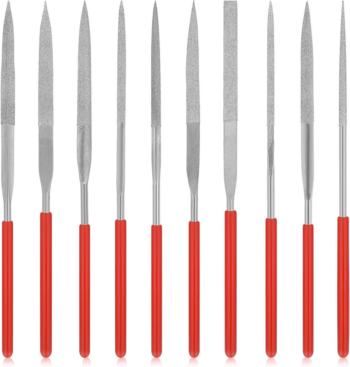 Diamantvijlen Set - Naaldvijlen Metaal - Precisie Slijpen - 10 Verschillende Vormen - 140 mm Lengte - Zilver Rood