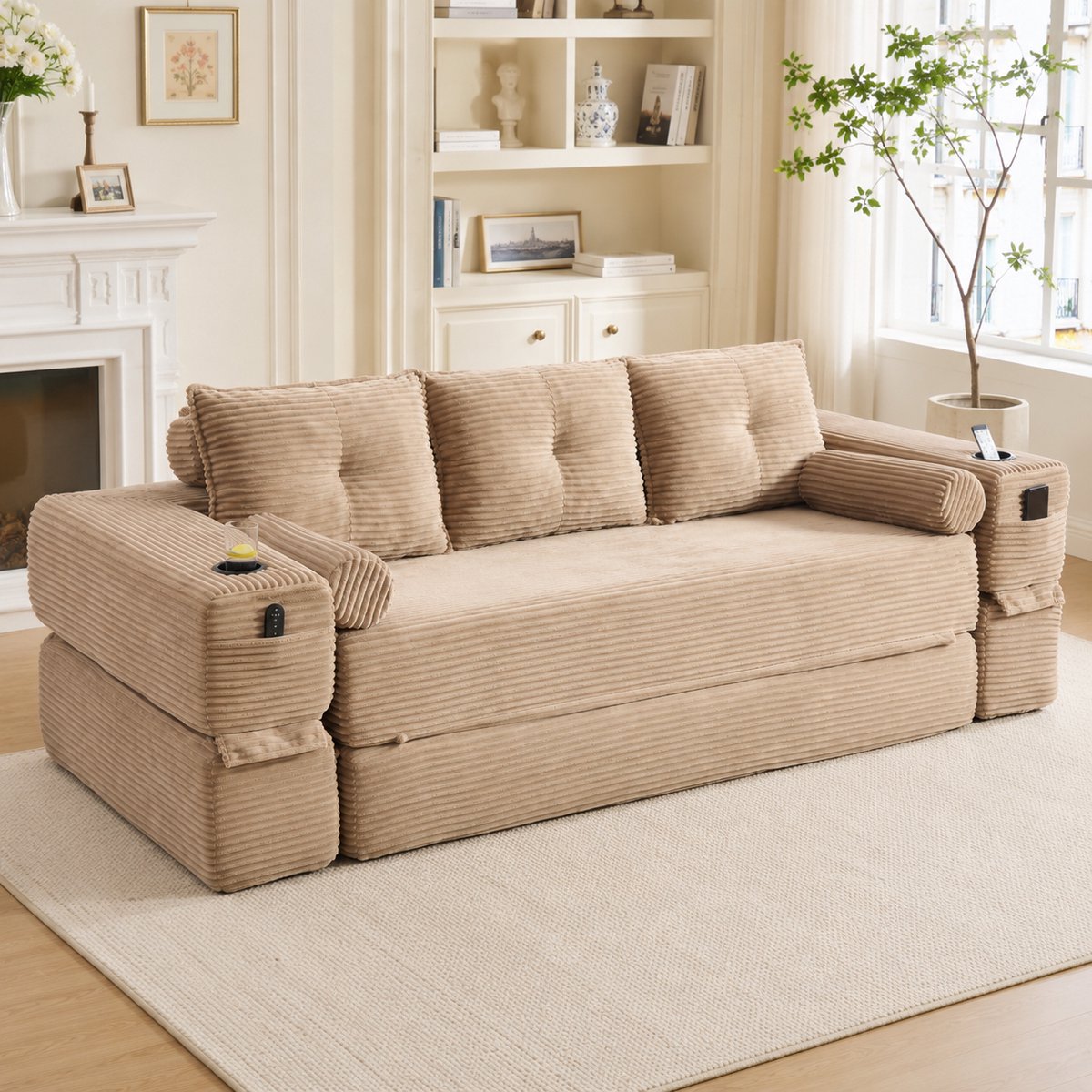 Wishdor 3-zits slaapbank - Opklapbaar - Corduroy - Met bekerhouder en zijvakken - Khaki - 232 x 98 x 80 cm