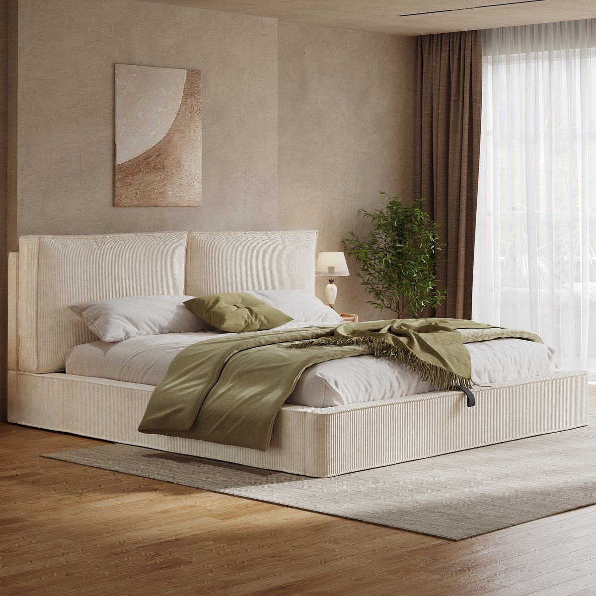 Wishdor Gestoffeerd tweepersoonsbed 180 x 200 cm - Hydraulisch opbergbed - Bed met lattenbodem - Hoofdbord - Beige cord