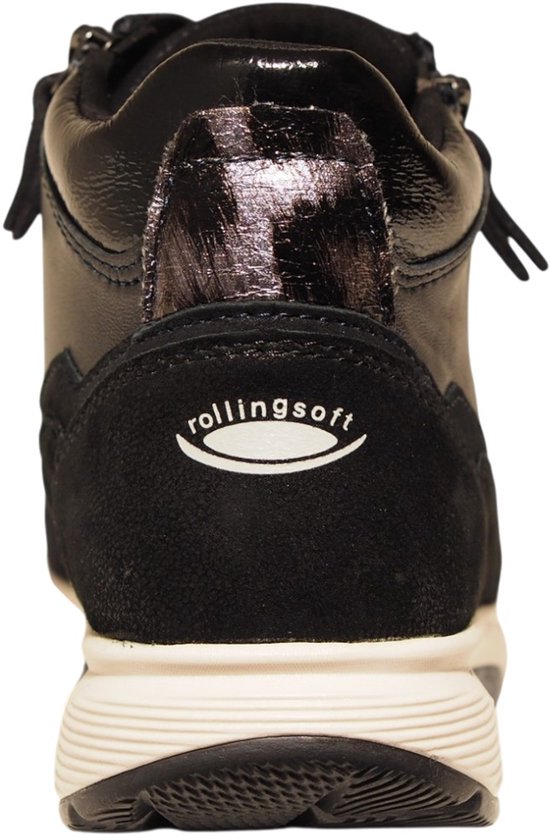 Achterkant van een donkerblauwe Gabor Rollingsoft dames sneaker met glimmende details.