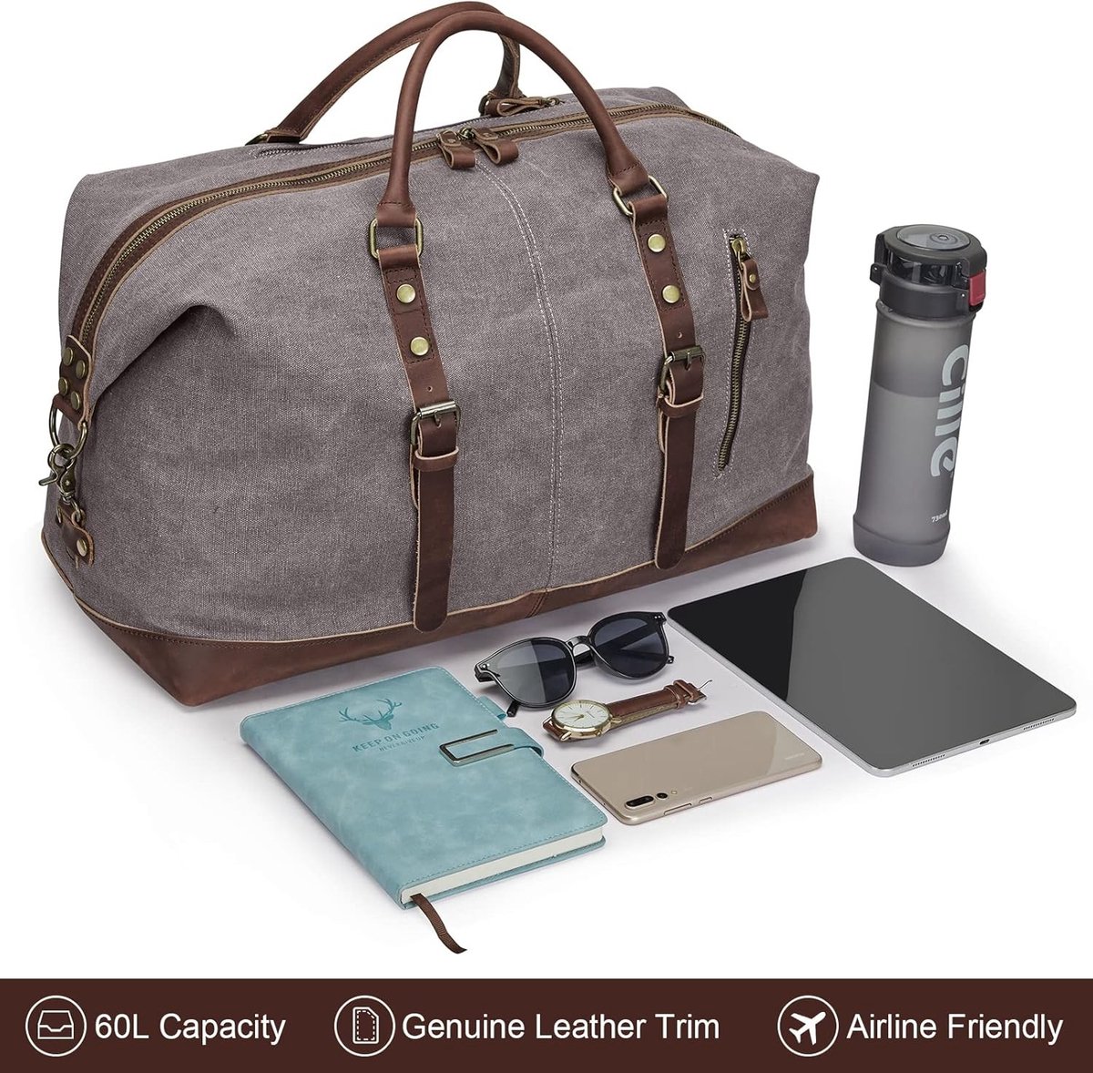 Vintage Canvas Weekend Bag met Crazy Horse Leerafwerking - Unisex Reistas voor Sport en Vakantie, 52-55L