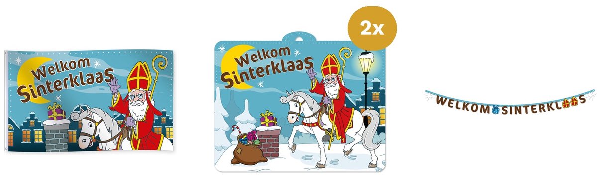Sinterklaas Versiering Welkomstbord & Gevelvlag - Gevelvlag 150x90cm, 2x Feestschild 30x40cm & Lettervlag Banner 2m