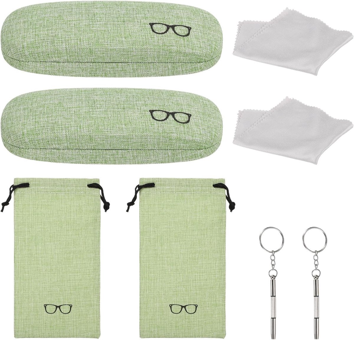 Stevige brillenkoker set van linnen stof met tas en zachte doek voor brillen en zonnebrillen, ideaal voor vrouwen en mannen, kleur Silky Lime