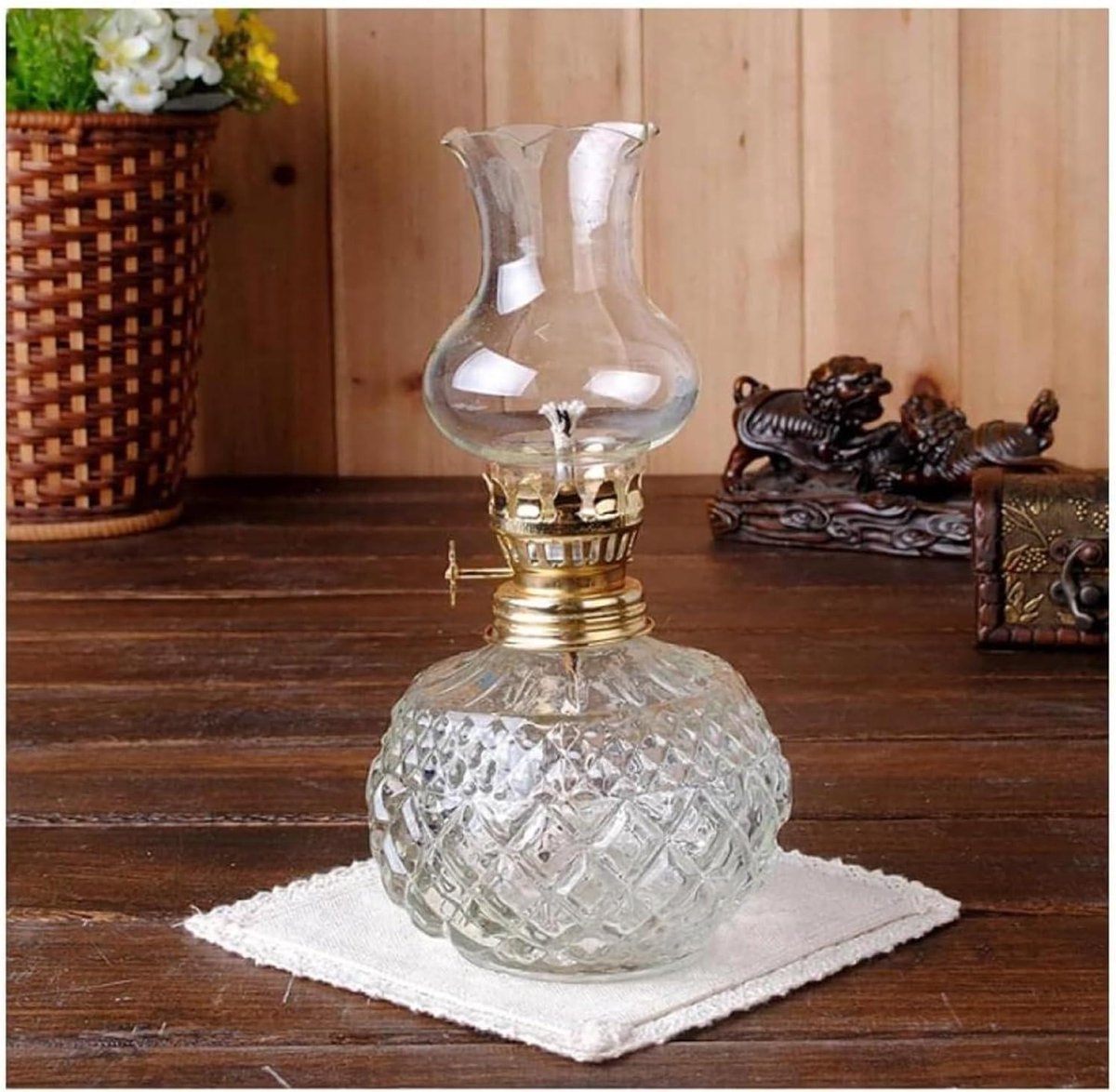 Olielamp Glas - Kerosine Lamp Orkaanlamp - Sfeer Verlichting - Vintage Decoratief Ontwerp - 18.5 cm - Transparant