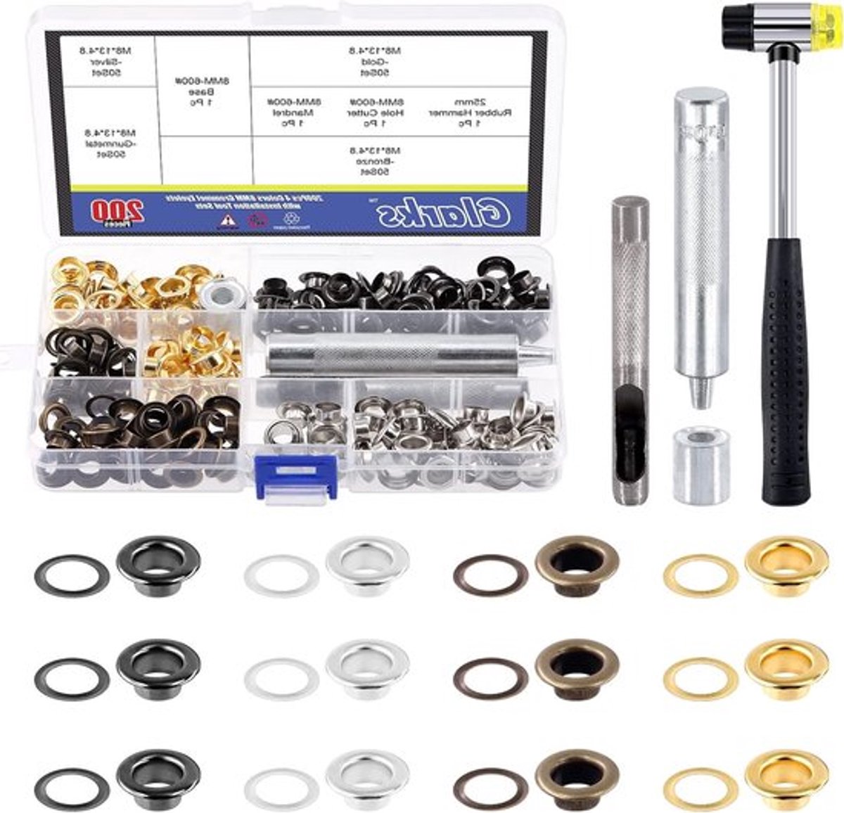 202 Pcs 8MM Metalen Versterkte Grommet Eyelets in 4 Kleuren met Pons en Hamer voor Canvas, Tarp en Kleding