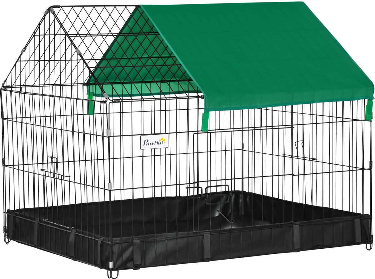 Buitenkooi – 90 x 75 x 75 cm – stalen frame – voorzien van 2 afsluitbare deuren en een zonnekap, geschikt voor binnen en buiten – inclusief regenhoes – groen